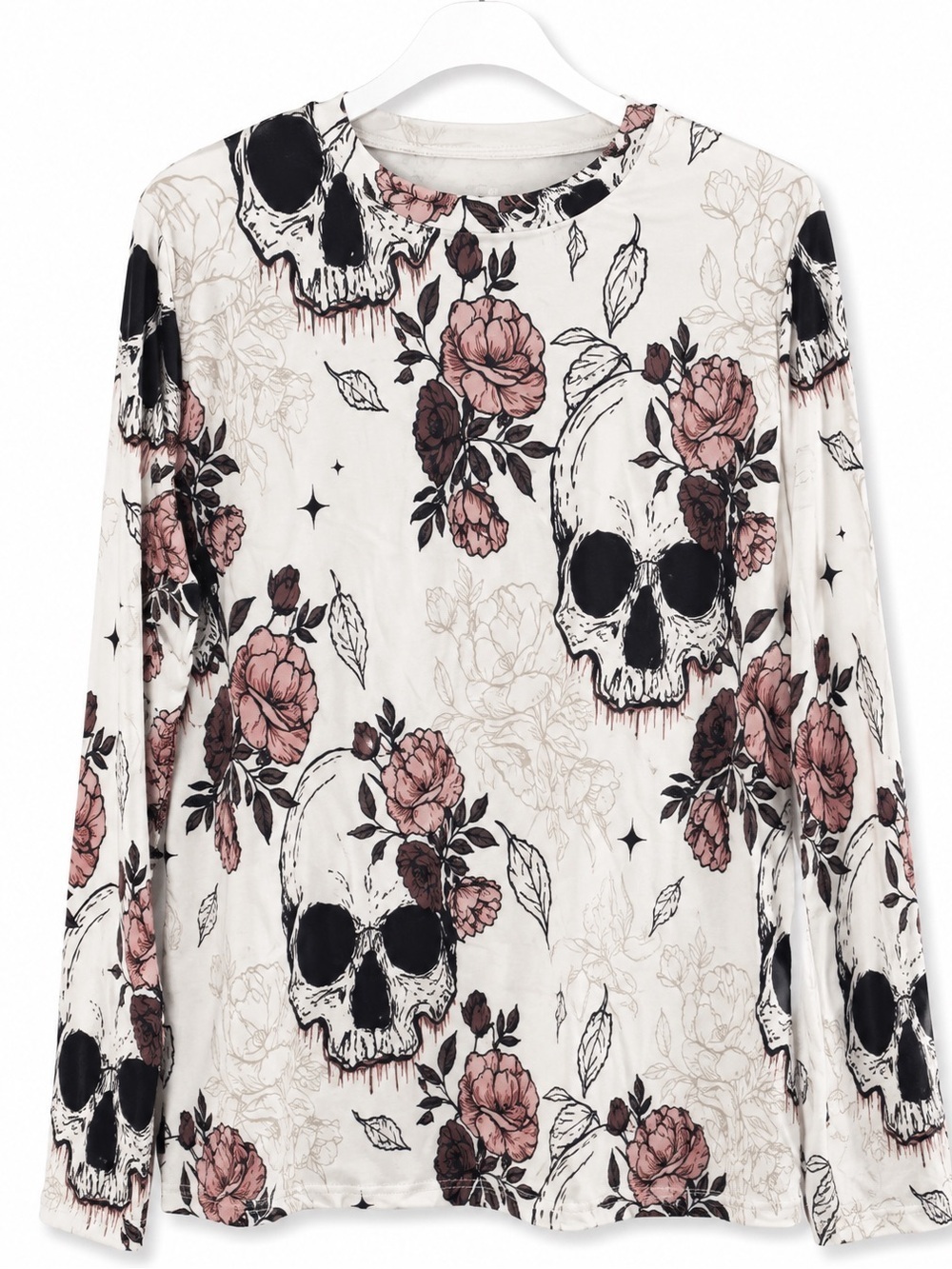 Gothic Skull Floral Long Sleeve Top Size L Emo Grunge Alt